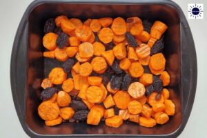 Sweet Potato & Carrot Tzimmes Recipe - In Pan Before Baking