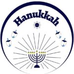 The Title Hanukkah With The Kosher Create Sun Logo Beneath As Well As Four Spinning Dreidels And A Lit Menorah With Rays Within A Decorative Semi Circle.