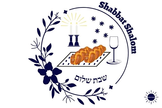 A Graphic Flower And Leaves Circle With The Title Shabbat Shalom On The Upper Right With Graphic Pictures Of Two Lit Candles In Candlesticks, Two Challas On A Cloth , A Wine Cup , An Array Of Flowers And Shabbat Shalom Written In Hebrew With The Kosher Create Sun Logo On The Bottom Right.