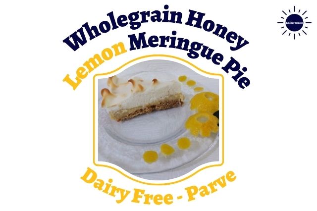 Wholegrain Honey Lemon Meringue Pie Slice On A Plate Decorated With Lemon Peel Flowers Within A Decorative Frame With The Added Inscription Dairy Free, Parve. 