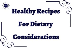 The Title Healthy Recipes For Dietary Considerations Within A Two Cornered Graphic Swirled Decorative Frame With The Kosher Create Sun Logo In The Upper Left Corner.