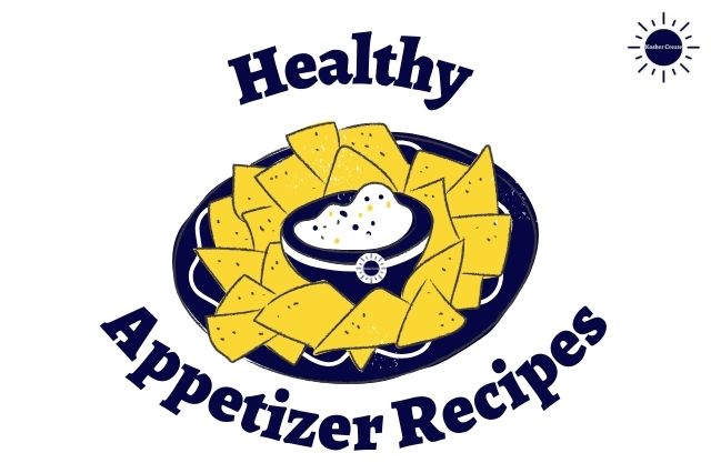 A Graphic Bowl Of Dip With the Kosher Create Sun Logo Circle In The Middle Of A Serving Plater Surrounded By Crackers With The Title Healthy Appetizer Recipes Around It And The Kosher Create Sun Logo In The Upper Right Corner.