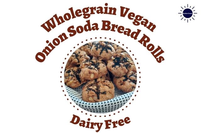 Wholegrain Vegan Onion Soda Bread Rolls Arranged In A Circular Fashion On A Silky Polka Dot Cloth Within A Graphic Polka Dot Circle And With The Kosher Create Sun Logo In The Upper Right Corner Near The Title.