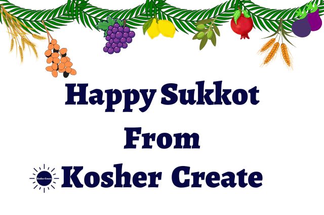 The Title Happy Sukkot From Kosher Create With The Sun Logo On Its Left Adorned With A Graphic On Top That Simulates The Covering Of A Sukkah With Circular Leaves And Graphics Of The Seven Species That Include Wheat, Barley, Grapes, Figs, Pomegranate, Olives, Dates And Two Etrog Hanging In The Middle.