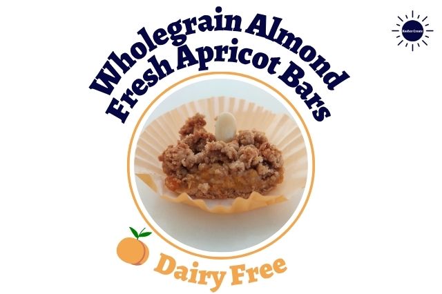 A Wholegrain Almond Fresh Apricot Bar Within A Decorative Cupcake Holder Within A Decorative Circle With The Kosher Create Sun Logo In The Upper Right Corner Next To The Title And The Inscription Dairy Free Below With A Graphic Apricot On The Left Side.