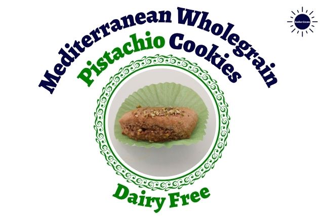 An Individual Mediterranean Wholegrain Pistachio Cookie On A Decorative Cupcake Holder Within A Mediterranean Style Graphic Circle With The Title Dairy Free Below And With The Title Above And The Kosher Create Sun Logo In The Upper Right Corner.