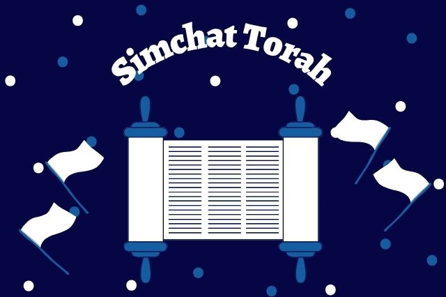 The Title Simchat Torah With A Polka Dot Background And The Kosher Create Sun Logo On The Upper Right Side Adorned With A Torah Scroll Graphic With Four Waving Flags On The Side.