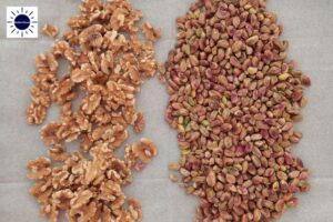 Walnuts Scattered On One Side Of A Baking Sheet, Pistachio Nuts Scattered On The Other Side With The Kosher Create Sun Logo In The Upper Left Corner.