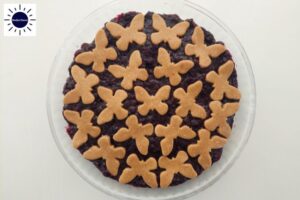 Cut Cookie Forms Arranged On Top Of The Pie Filling In The Round Glass Pie Dish With The Kosher Create Sun Logo In The Upper Left Corner.