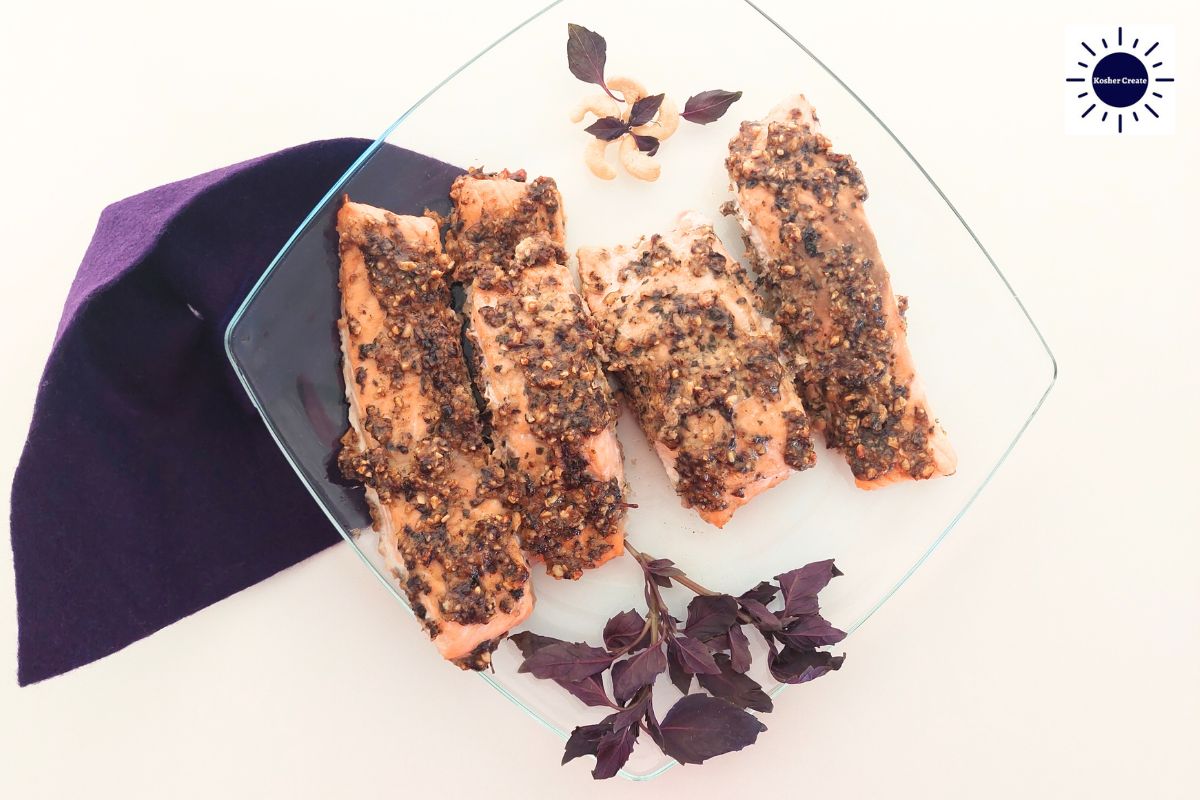 Mediterranean Baked Cashew Pesto Salmon Recipe