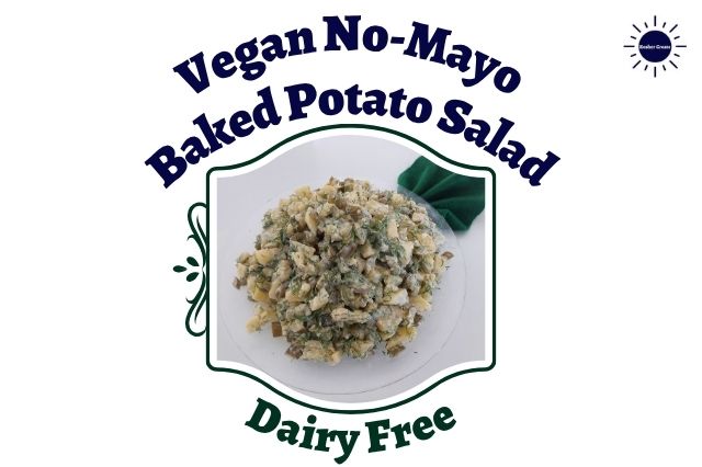 Vegan No-Mayo Baked Potato Salad On A Round Glass Dish With A Decorative Napkin In The Shape Of A Leaf On The Right Upper Side Within A Decorative Frame With The Inscription Dairy Free Below 
 And The Kosher Create Sun Logo On The Upper Right Side.