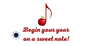 The Inscription Begin Your Year On A Sweet Note With A Graphic Music Note Made With A Round Apple On Top And The Kosher Create Sun Logo On The Side.