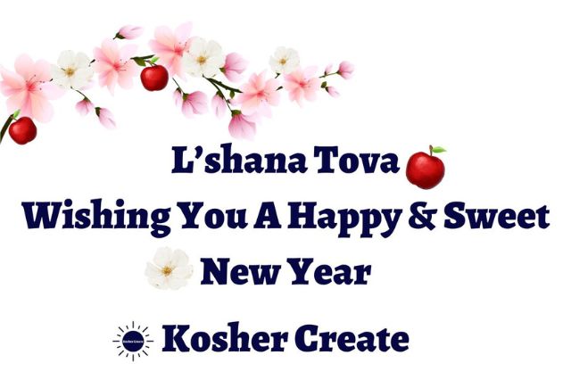 The Title L'shana Tova Wishing You A Happy And Sweet New Year Kosher Create With The Sun Logo On The Left Adorned With An Apple Blossom Graphic With Two Apples Above And A Graphic Apple And Flower On The Sides.