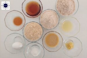Wholegrain Mapley Cherry Pie Ingredients Arranged In Glass Bowls With The Kosher Create Sun Logo In The Upper Left Corner.
