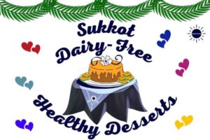 The Title Sukkot Dairy-Free Healthy Desserts With A Graphic Design Of A Glazed Honey Cake And Baklava On A Serving Plate On Top Of A Tablecloth With Sukkah Branches Above And Colorful Hearts Surrounding The Title And With The Kosher Create Sun Logo In The Upper Right Corner.