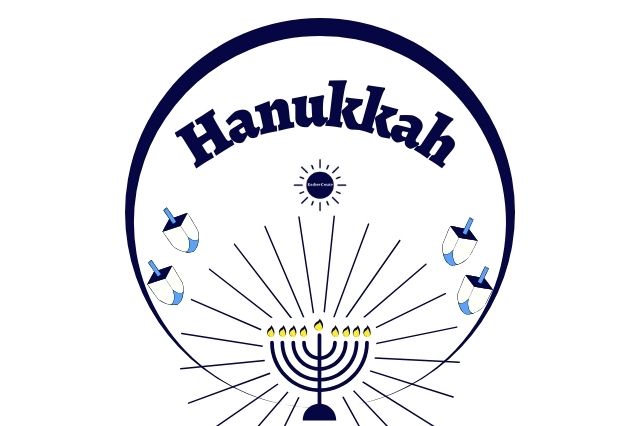 The Title Hanukkah With The Kosher Create Sun Logo Beneath As Well As Four Spinning Dreidels And A Lit Menorah With Rays Within A Decorative Semi Circle.