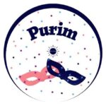 The Title Purin With The Kosher Create Sun Logo Below As Well As Two Graphic Masks With A Polka Dot Background Within a Decorative Semi Circle.
