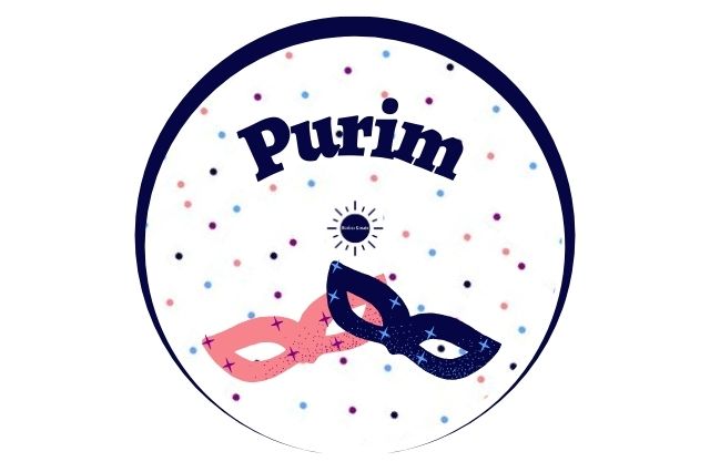 The Title Purin With The Kosher Create Sun Logo Below As Well As Two Graphic Masks With A Polka Dot Background Within a Decorative Semi Circle.