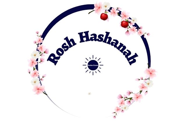 The Title Rosh Hashana With The Kosher Create Sun Logo Beneath Within A Decorative Semi Circle Adorned Three Graphic Apple Blossom Branches With Flowers And The One On Top With Two Graphic Apples.
