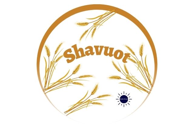 The Title Shavuot With Graphic Bunches Of Wheat Surrounding It And The Kosher Create Sun Logo Below On The Right Within A Decorative Semi Circle.