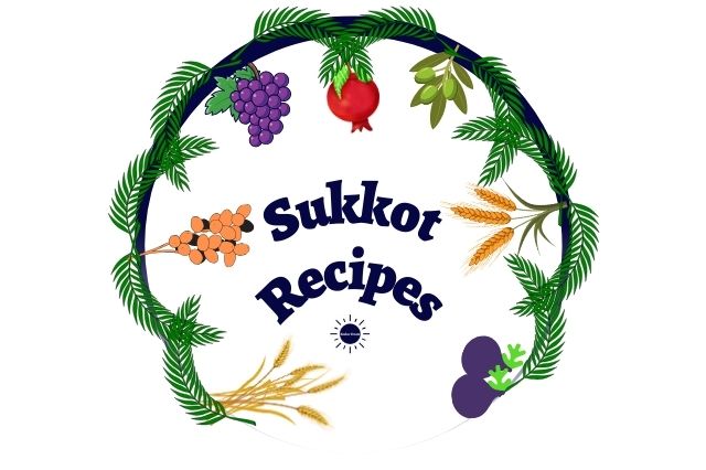The Title Sukkot With The Kosher Create Sun Logo Beneath Within A Semi Circle Made Of Graphic Leaf Branches That Simulates The Covering Of A Sukkah With The Graphics Of The Seven Species Hanging From It That Includes Wheat, Barley, Grapes, Figs, Pomegranate, Olives, Dates And Two Etrog Hanging In The Middle.