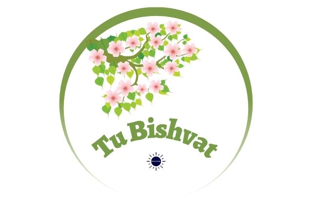 A Graphic Decorative Branch Of An Almond Tree With Blossoms With The Title Tu Bishvat Below And The Kosher Create Sun Logo Underneath Within A Decorative Semi Circle.