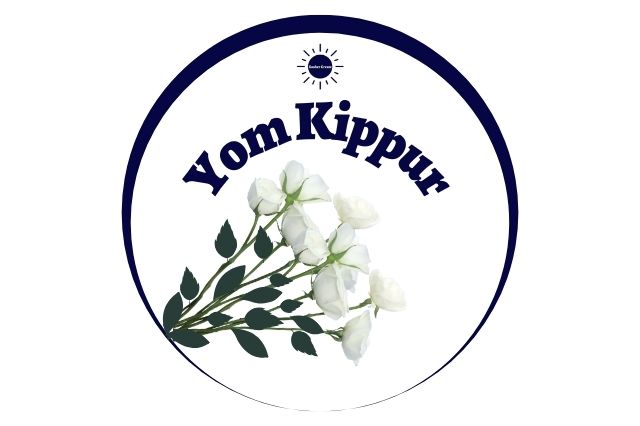 The Title Yom Kippur With The Kosher Create Sun Logo Above And A Bouquet Of Flowers Below Within A Decorative Semi Circle.